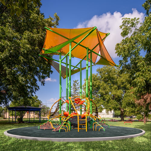 tall lime playground ground structure with a orange cover