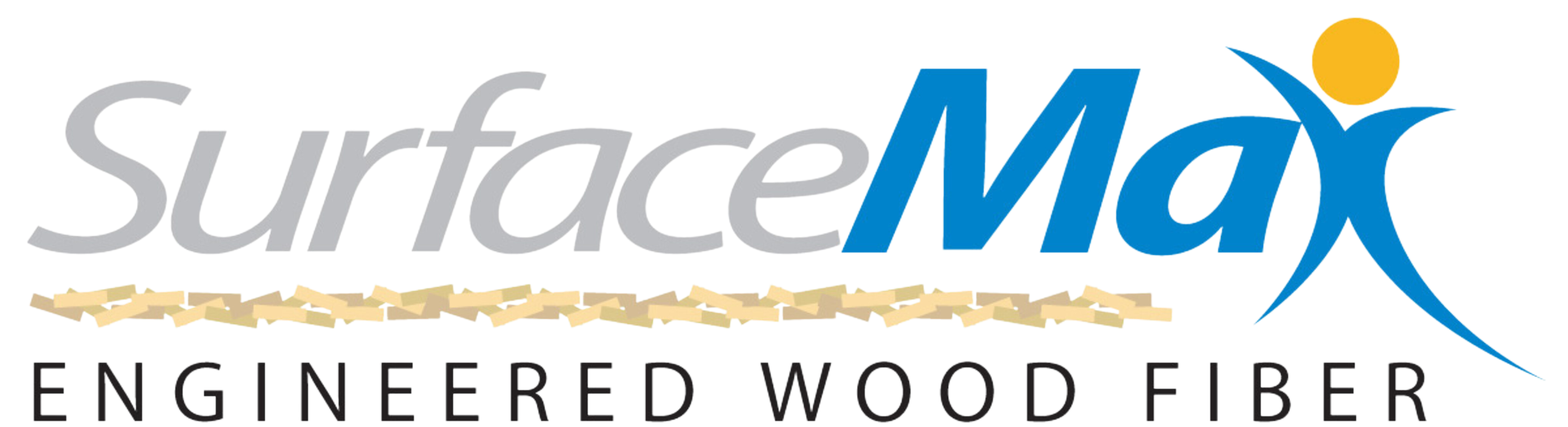 SurfaceMax Engineered Wood Fiber grey, blue, yellow, beige, and black logo