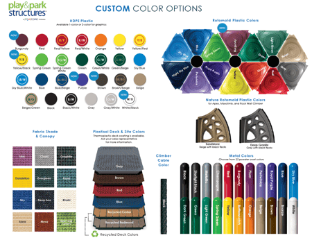 illustration of several color pallets on different items like pens and playground park covers 